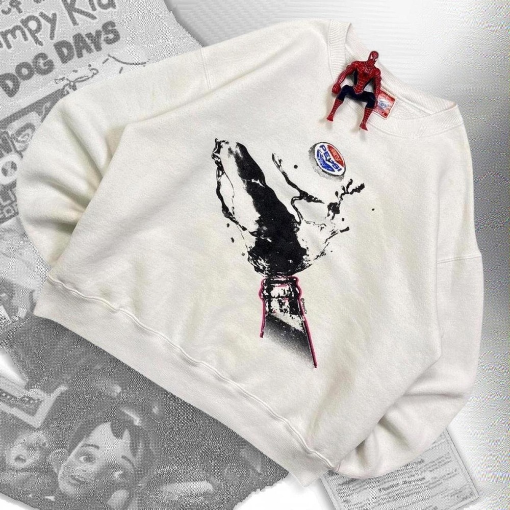 Vintage Pepsi America Bottle Graphic Boxy Pullover Sweatshirt Cream 80s 90s